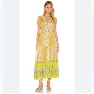 Free People Yellow Floral Patchwork Maxi Dress with Lace-Up Neck